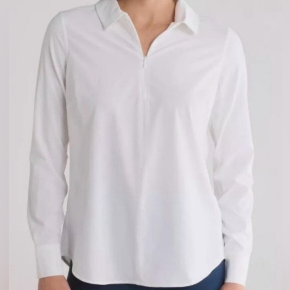 SPANX Sunshine Zip Collared Lightweight Long Sleeve Blouse in White - Size 1X